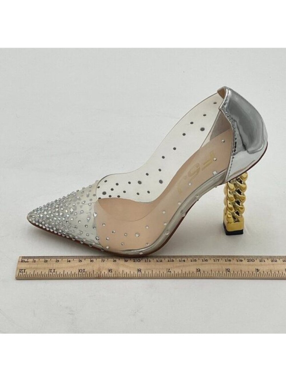 FSJ Silver Pointed Toe Golden Chunky High Heel Clear Pumps Evening Shoes